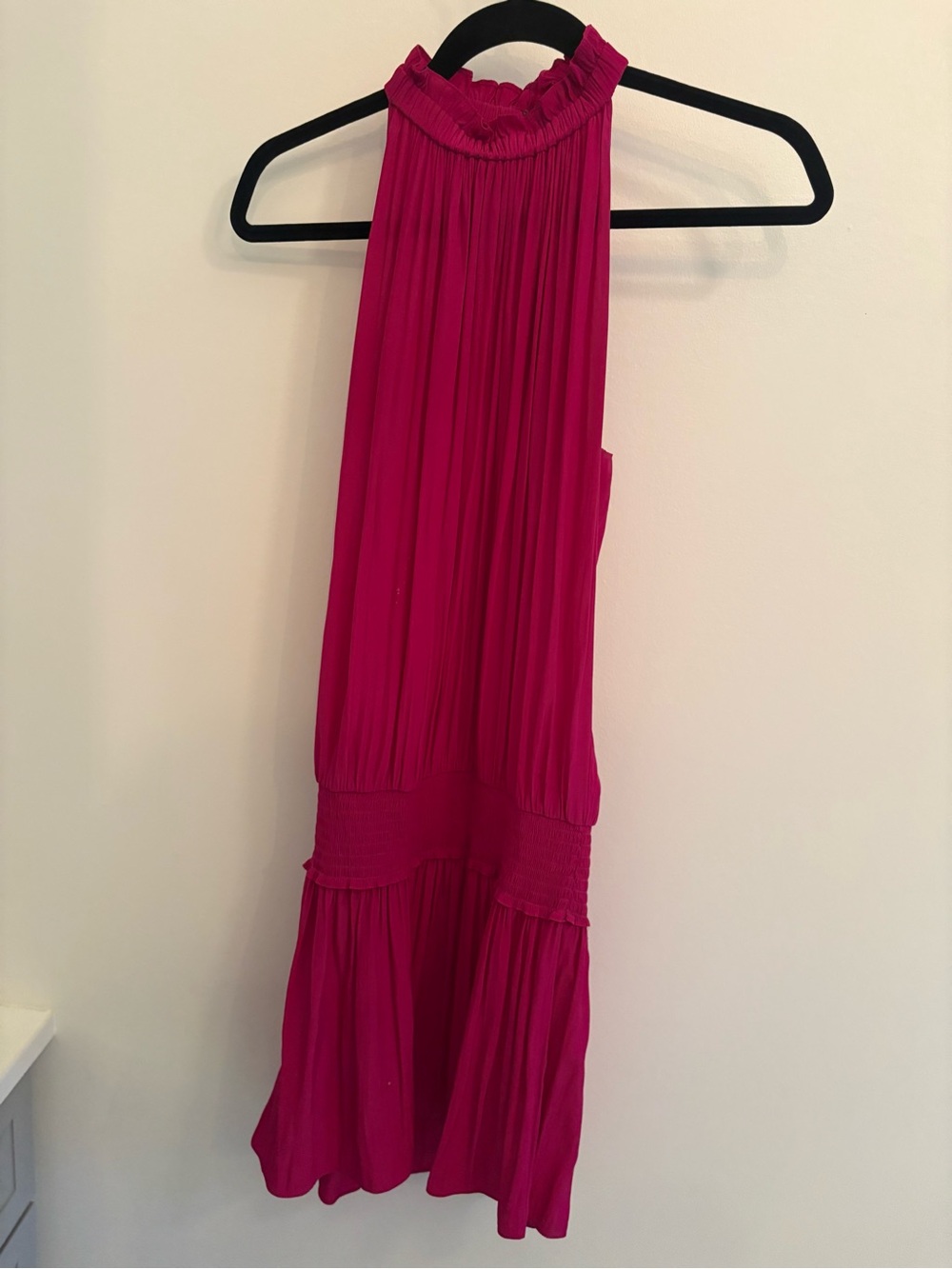Ramy Brook Bright Fuchsia Pleated Halter Dress with High Ruffled Neck